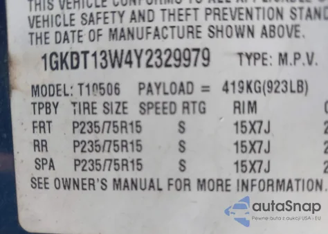 2000 GMC Jimmy Jde W/1Sh/1Sj из США, поврежденный, VIN 1GKDT13W4Y2329979